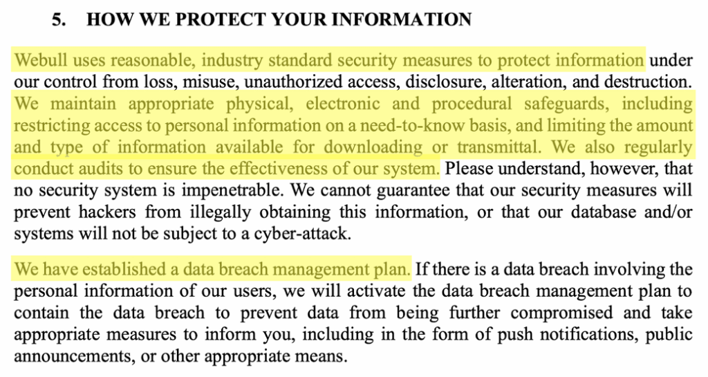 Webull privacy policy 'How we protect your information' section  