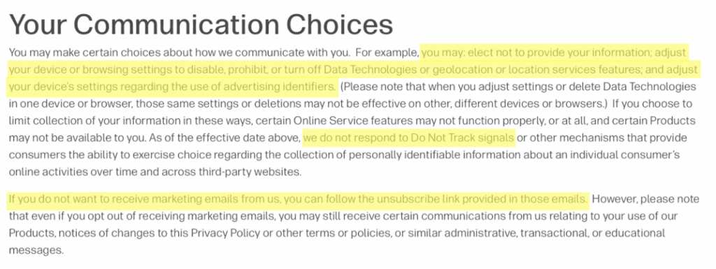WFG privacy policy 'Your Communication Choices' section 