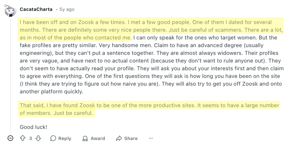Reddit comment about Zoosk 