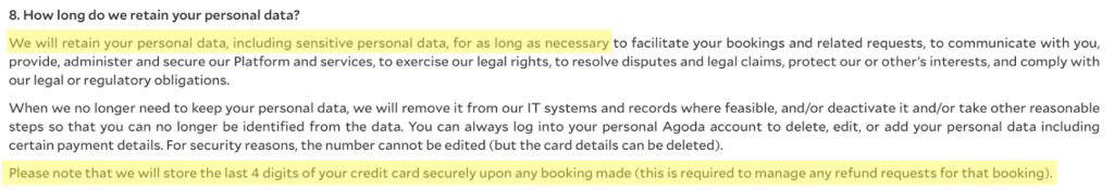 Agoda privacy policy 'How long do we retain your personal data?' section 