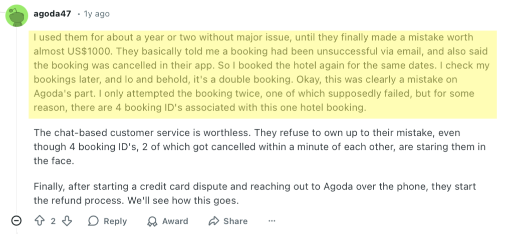 Negative Reddit comment about Agoda