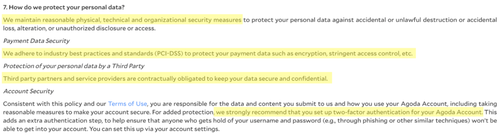 Agoda privacy policy 'How do we protect your personal data? ' section 
