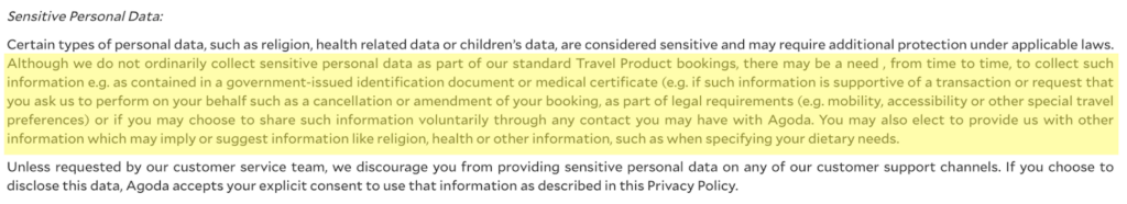 Agoda privacy policy 'Sensitive Personal Data' section 