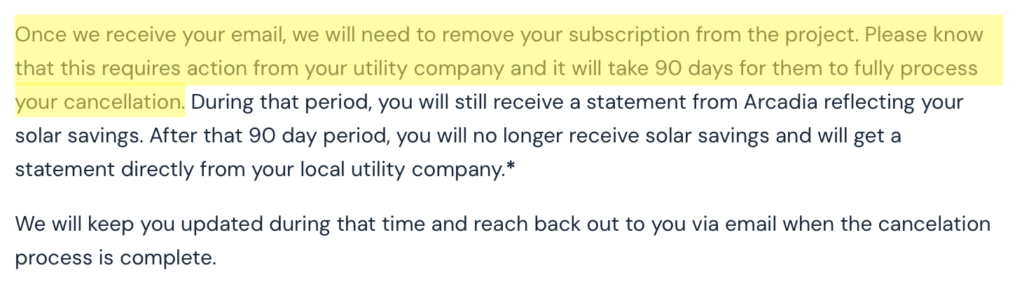 Arcadia 90-day cancellation process 