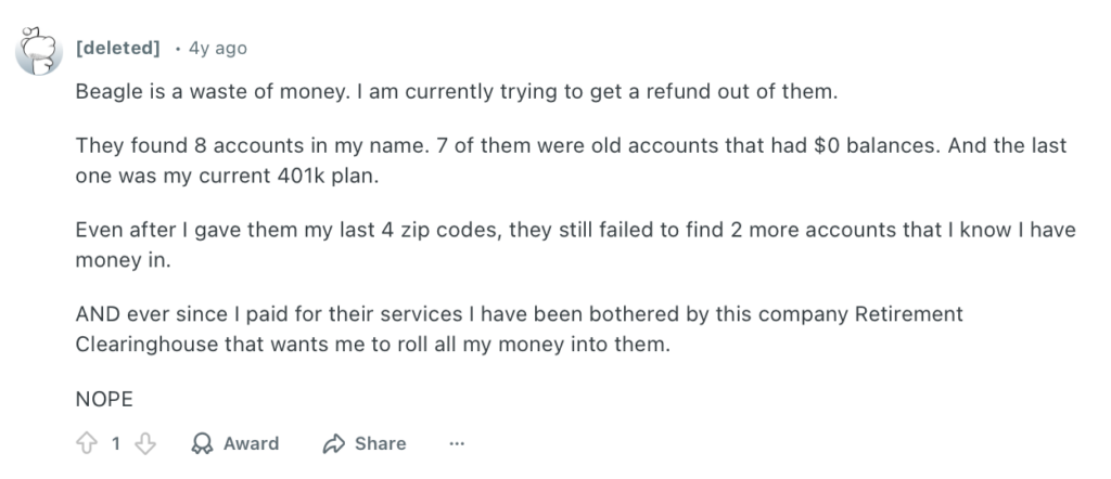 Negative Reddit comment about Beagle