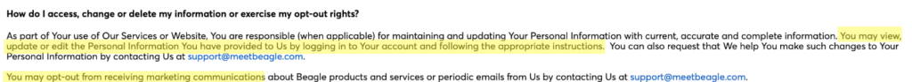 Beagle privacy policy 'How do I access, change or delete my information or exercise my opt-out rights?' section 