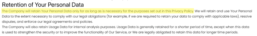 Boardsi privacy policy 'Retention of Your Personal Data' section
