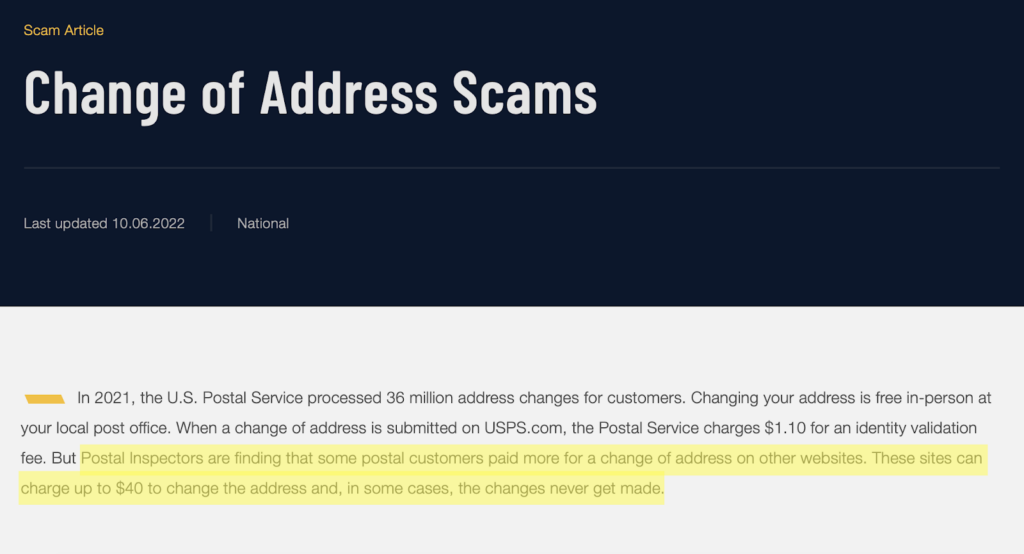 Change of address scams warning on the USPS website