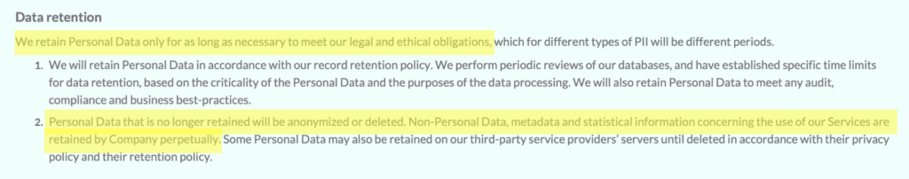 Clawee privacy policy 'Data retention' section