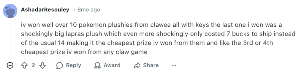 Positive Reddit comment about winning prizes on Clawee