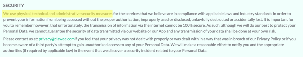 Clawee privacy policy 'Security' section