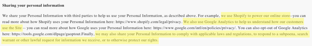 Commense privacy policy 'Sharing your personal information' section 