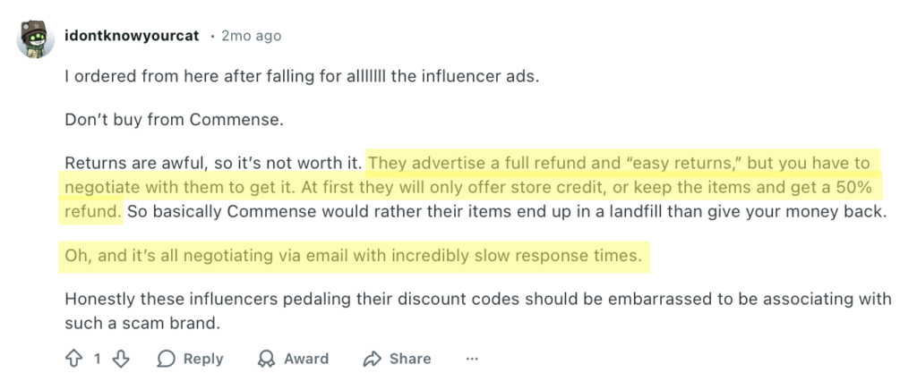 Negative Reddit comment about Commense 