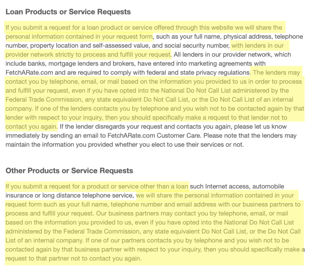 Fetcharate privacy policy sections 'Loan Products or Service Requests' and 'Other Products or Service Requests'. 
