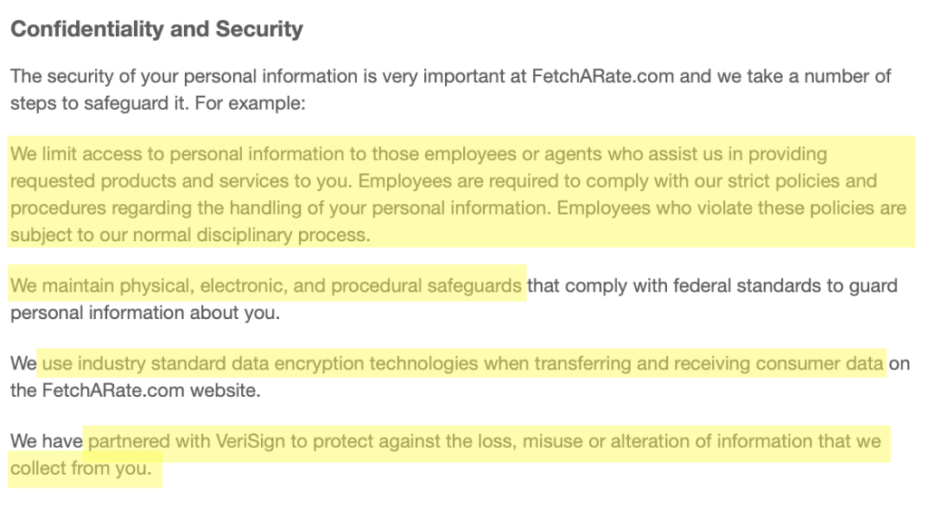 Fetcharate privacy policy 'Confidentiality and Security' section 