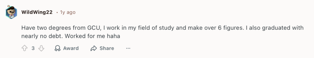 Positive Reddit comment about GCU