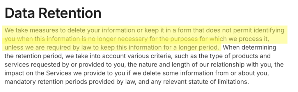 Gov+ privacy policy 'Data Retention' section 