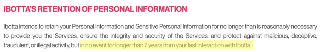 Ibotta privacy policy 'Ibotta's retention of personal information' 