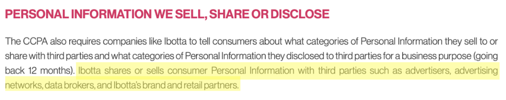 Ibotta privacy policy 'Personal information we sell, share or disclose' 