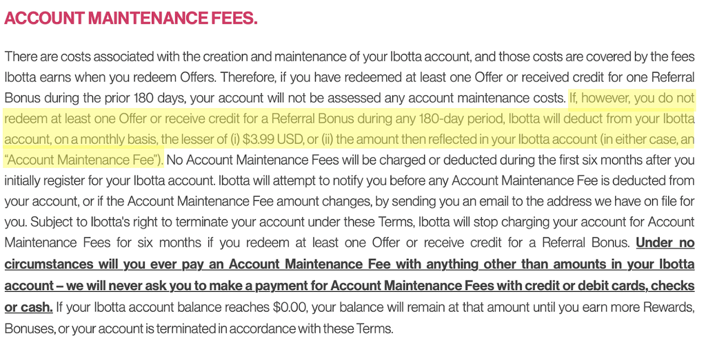 Ibotta account maintenance fees