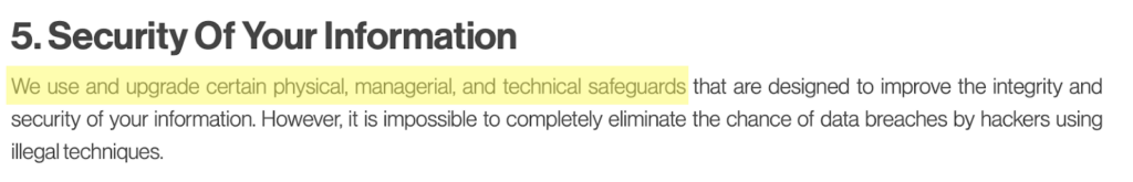 Ibotta privacy policy 'Security Of Your Information' section 