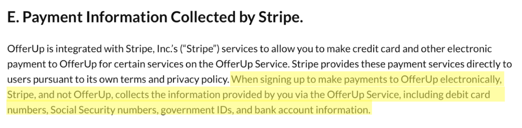 OfferUp privacy policy 'Payment Information Collected by Stripe'
