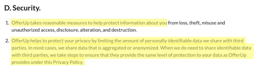 OfferUp privacy policy 'Security' section
