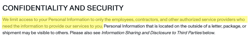 OnTrac privacy policy 'Confidentiality and Security'