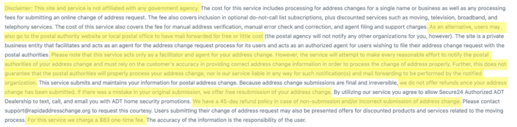 Rapid Address Change disclaimer