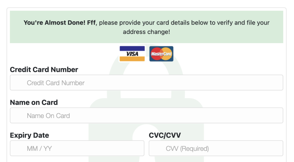 Rapid Address Change online form credit card information section 
