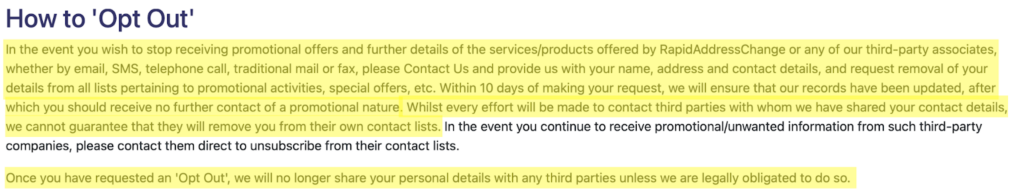 Rapid Address Change privacy policy 'How to 'Opt Out'' section 