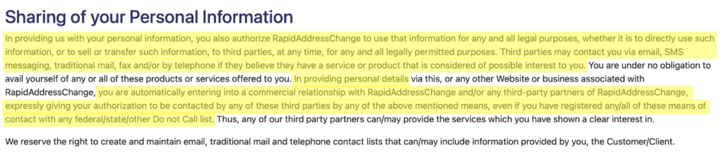 Rapid Address Change privacy policy 'Sharing of your Personal Information' section 