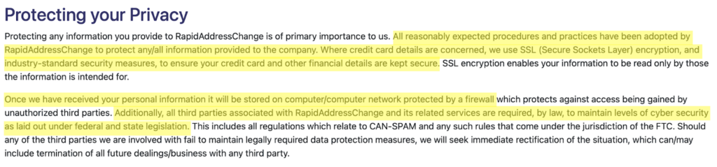 Rapid Address Change privacy policy 'Protecting your Privacy' section 