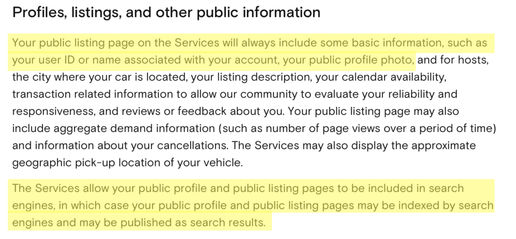 Turo privacy policy 'Profiles, listings, and other public information' 