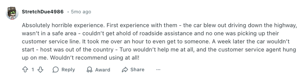 Negative Reddit comment about Turo