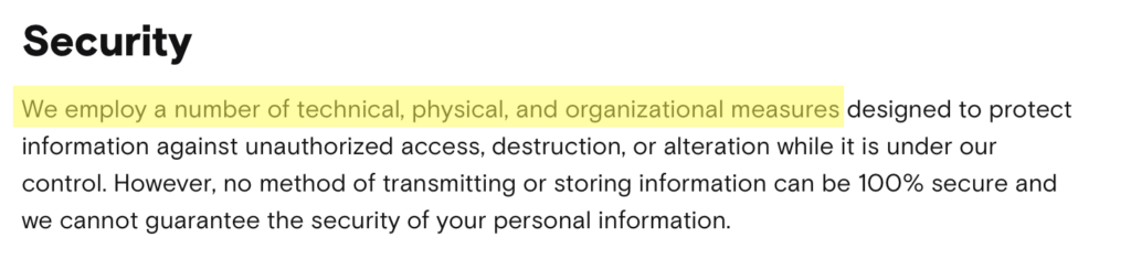 Turo privacy policy 'Security' section 