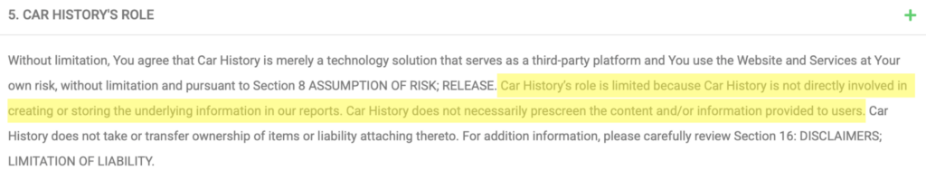 VinHistoryUSA terms and conditions 'Car History's Role' section (data accuracy) 