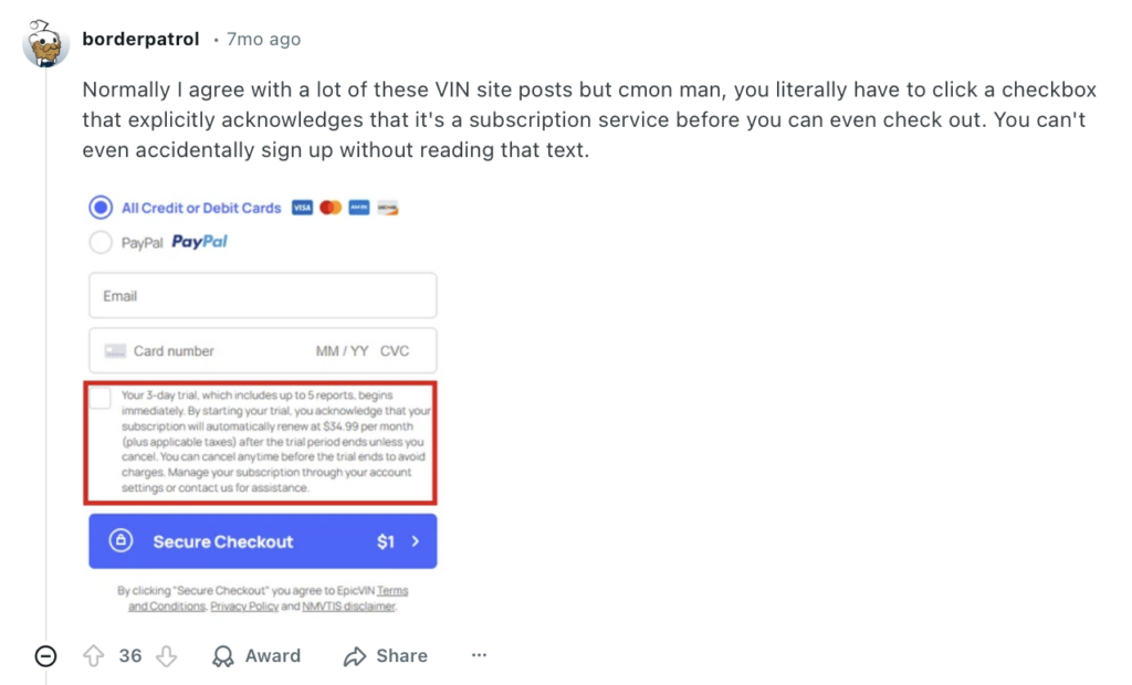 Reddit comment noting that VinHistoryUSA asks you to acknowledge that it's a subscription service