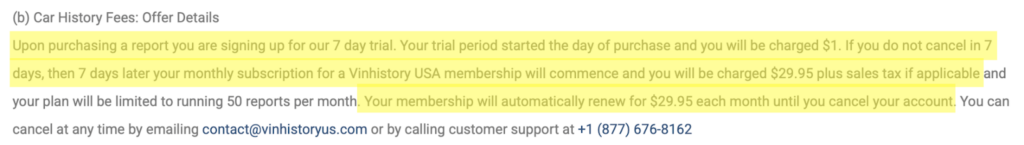 VinHistoryUSA terms and conditions 'Car History Fees: Offer Details' section 
