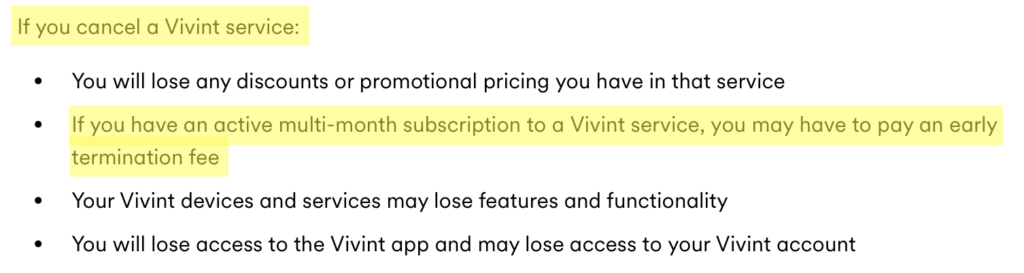 Vivint terms of service section on what happen if you cancel a Vivint service 