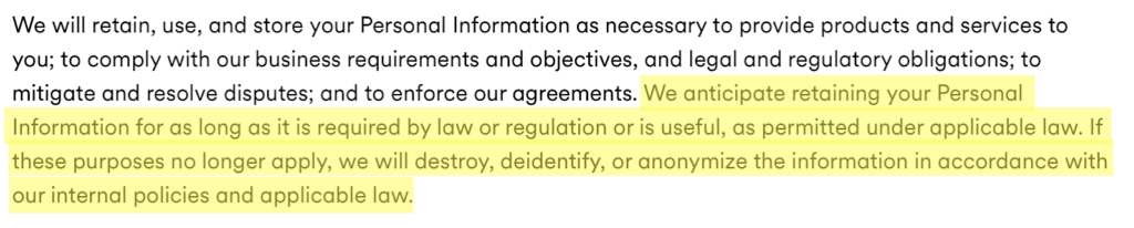 Vivint privacy policy data retention section 