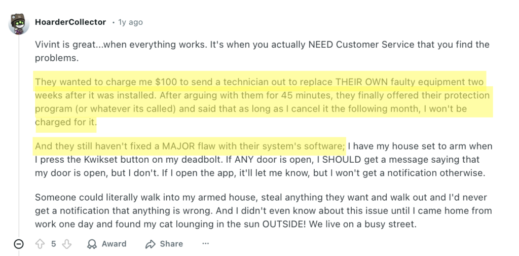 Negative Reddit comment about Vivint 