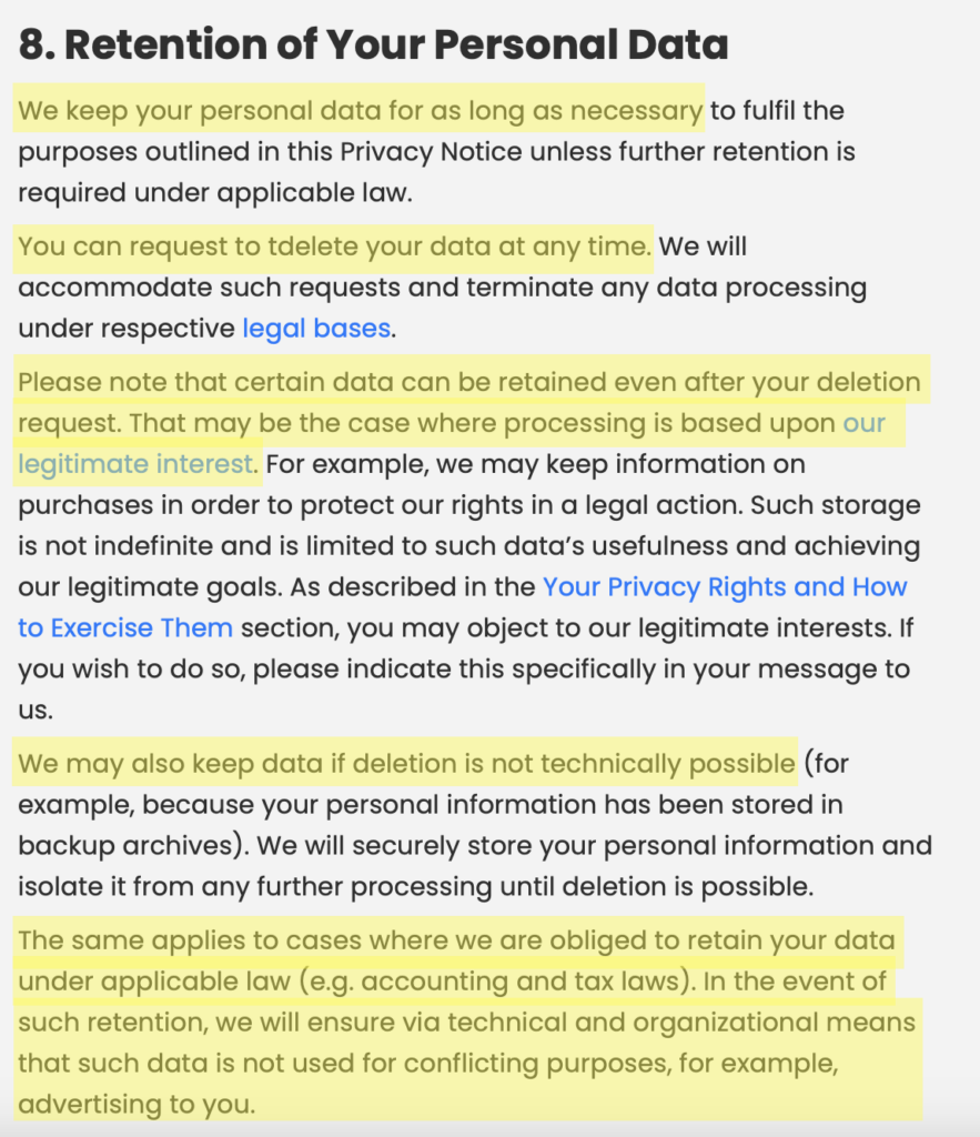 Yoga Go privacy policy 'Retention of your personal data' section 