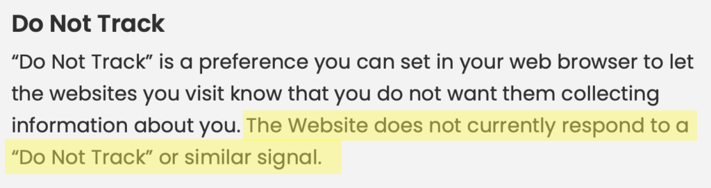 Yoga Go privacy policy 'Do No Track' section 
