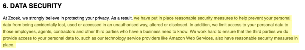 Zoosk privacy policy 'Data Security' section 