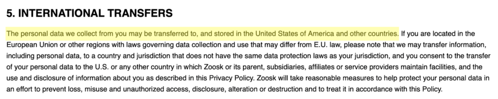 Zoosk privacy policy 'International Transfers' section 