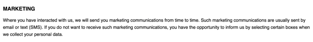 Zoosk privacy policy 'Marketing' section 