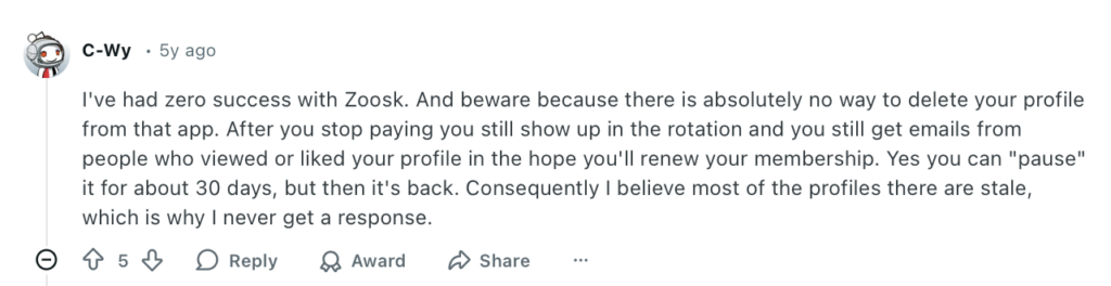 Negative Reddit comment about Zoosk