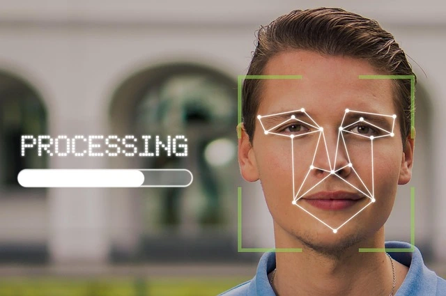 A man’s face with a digital "Processing" progress bar and geometric lines mapping his facial features for biometric age verification.