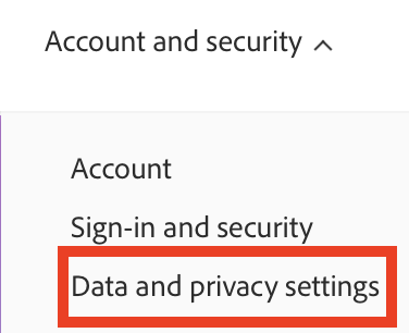 Adobe "Data and privacy settings" link